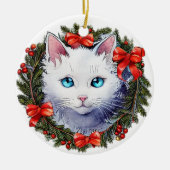 Witte kat in kerstkrans aquarel schilderij, keramisch ornament (Voorkant)