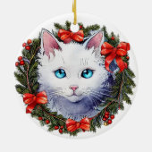 Witte kat in kerstkrans aquarel schilderij, keramisch ornament (Achterkant)