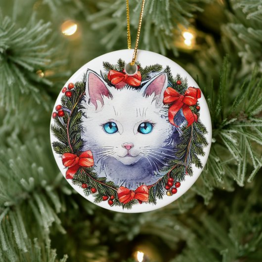 Witte Kat in Kerstmiskrans Waterverf het Schildere Keramisch Ornament (Boom)