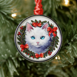 Witte Kat in Kerstmiskrans Waterverf het Schildere Metalen Ornament