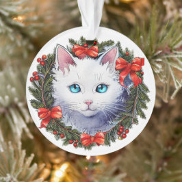 Witte Kat in Kerstmiskrans Waterverf het Schildere Ornament