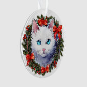 Witte Kat in Kerstmiskrans Waterverf het Schildere Ornament (voorkant)