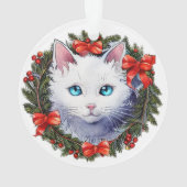 Witte Kat in Kerstmiskrans Waterverf het Schildere Ornament (achterkant)