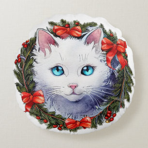 Witte Kat in Kerstmiskrans Waterverf het Schildere Rond Kussen