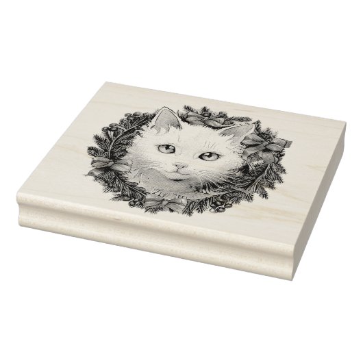 Witte Kat in Kerstmiskrans Waterverf het Schildere Rubberstempel (Stempel)