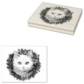 Witte Kat in Kerstmiskrans Waterverf het Schildere Rubberstempel (Gestempeld)