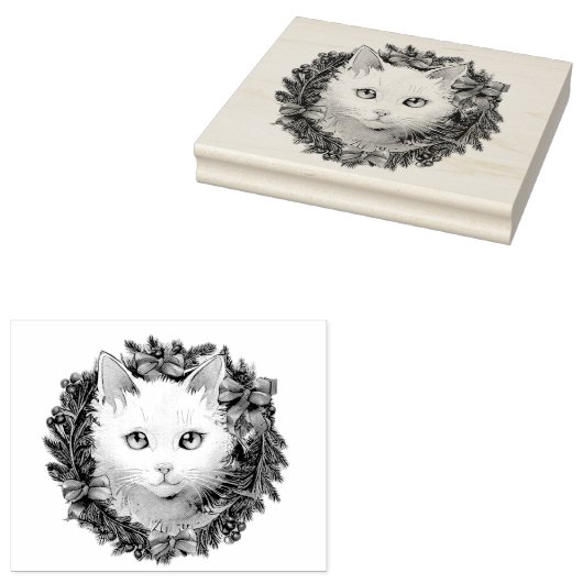 Witte Kat in Kerstmiskrans Waterverf het Schildere Rubberstempel (Gestempeld)