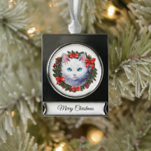 Witte Kat in Kerstmiskrans Waterverf het Schildere