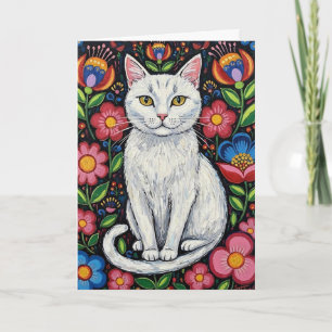 Witte kat in kleurrijke volks kunst bloemen kaart