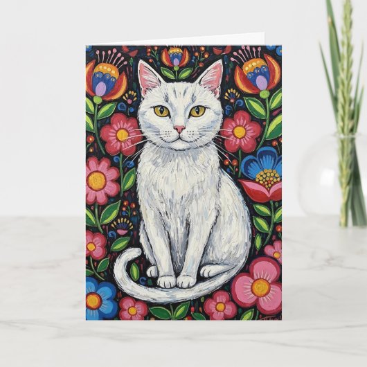 Witte kat in kleurrijke volkskunst bloemen kaart (Voorkant)