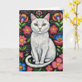 Witte kat in kleurrijke volkskunst bloemen kaart (Gele Bloem)