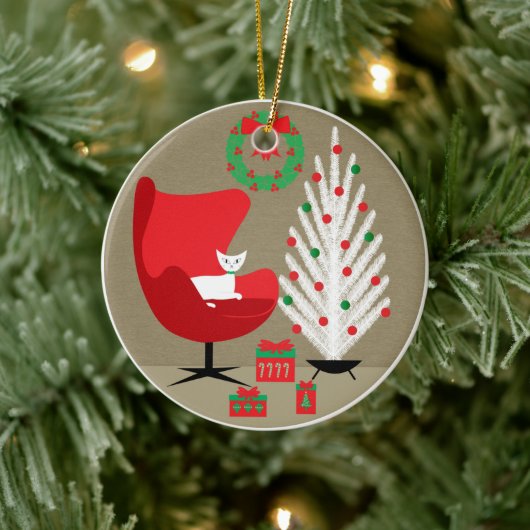 Witte kat in mid century kerstkamer keramisch ornament (Boom)