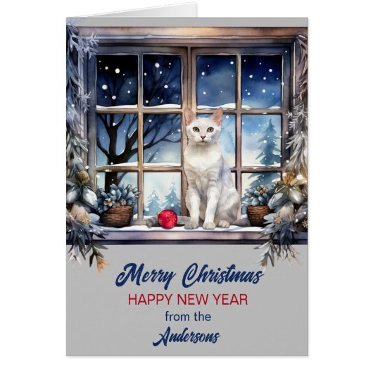 Witte Kat in Vakantie Raam Kerstmis (Voorkant)