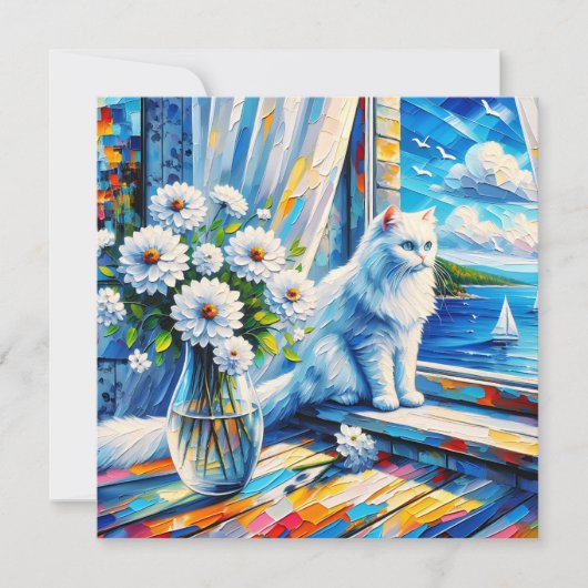 Witte kat in venster sill kijken uit op de oceaan (Voorkant)