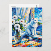 Witte kat in venster sill kijken uit op de oceaan briefkaart (Voorkant / Achterkant)