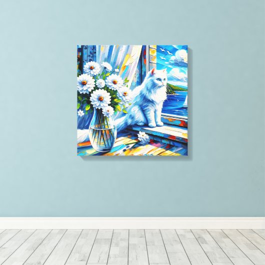 Witte kat in venster sill kijken uit op de oceaan canvas afdruk (Insitu (Houten vloer))