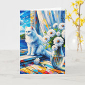 Witte kat in venster sill kijken uit op de oceaan kaart (Gele Bloem)