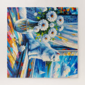 Witte kat in venster sill kijken uit op de oceaan legpuzzel (Horizontaal)