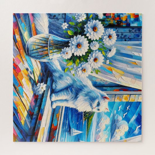 Witte kat in venster sill kijken uit op de oceaan legpuzzel (Horizontaal)