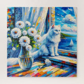 Witte kat in venster sill kijken uit op de oceaan legpuzzel (Verticaal)