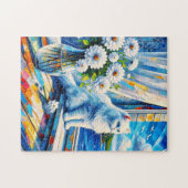 Witte kat in venster sill kijken uit op de oceaan legpuzzel (Horizontaal)