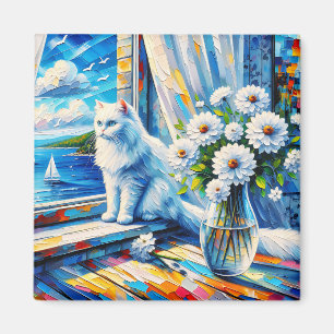 Witte kat in venster sill kijken uit op de oceaan magneet