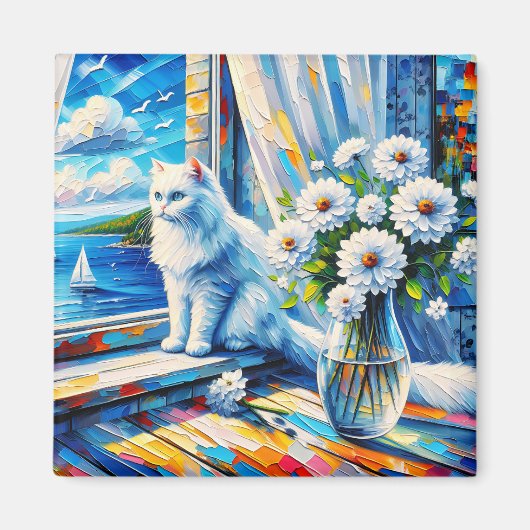 Witte kat in venster sill kijken uit op de oceaan magneet (Voorkant)