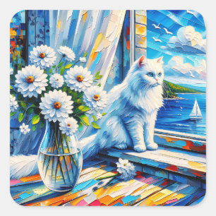 Witte kat in venster sill kijken uit op de oceaan vierkante sticker