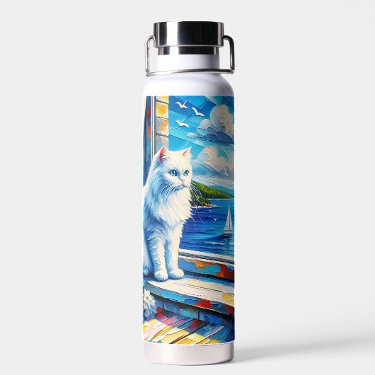 Witte kat in venster sill kijken uit op de oceaan waterfles (Achterkant)