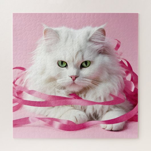 Witte kat in verward in roze linten legpuzzel (Horizontaal)