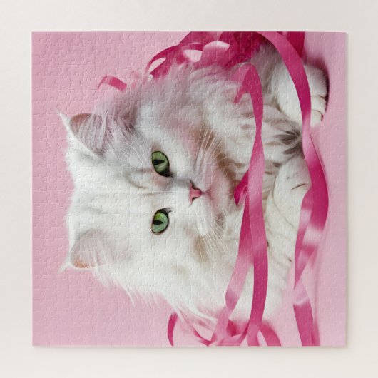 Witte kat in verward in roze linten legpuzzel (Verticaal)