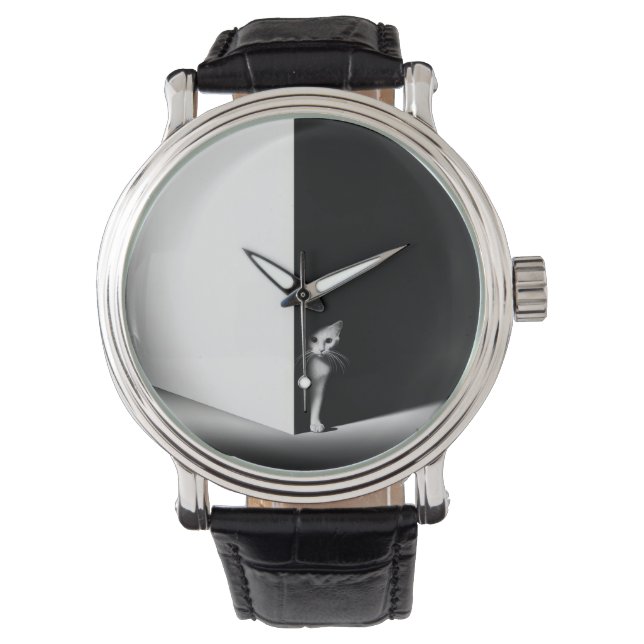 Witte kat in zwarte schaduwen horloge (Voorkant)