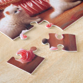 Witte Kat & Kittens Roze Roos Fancy Kattenfamilie Legpuzzel (Zijkant)