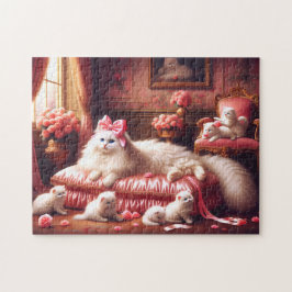 Witte Kat & Kittens Roze Roos Fancy Kattenfamilie Legpuzzel