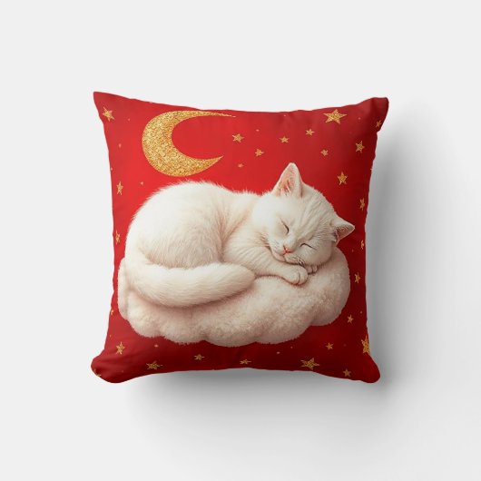 🐱 Witte Kat Knus Slaaphuis Stijl Rood ❤️ Kussen (Voorkant)