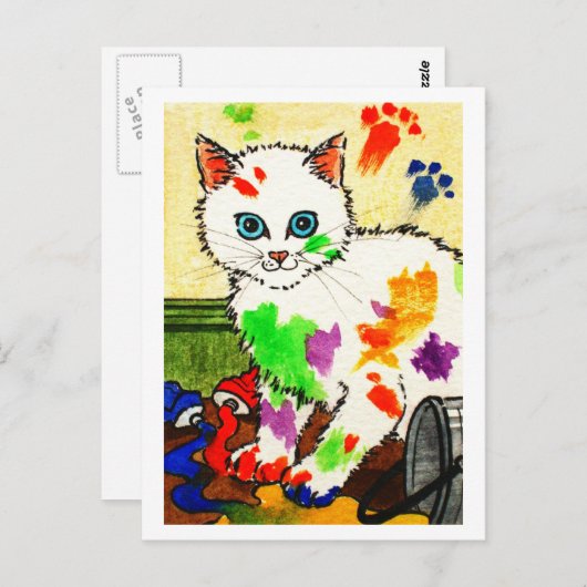 Witte kat krijgt overal verf briefkaart (Voorkant / Achterkant)