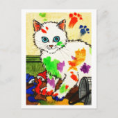 Witte kat krijgt overal verf briefkaart (Voorkant)