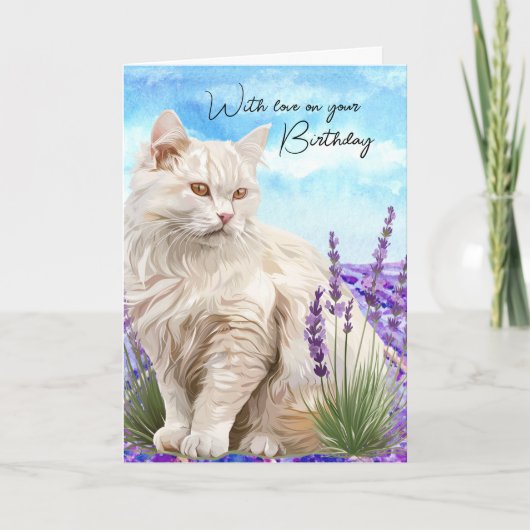 Witte kat lavendel met liefde verjaardag feestdagen kaart (Voorkant)