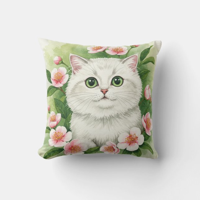 Witte kat lente bloemen kussen (Voorkant)