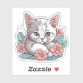Witte Kat Liggend In Roze Bloemen Waterdicht Sticker (Vel)