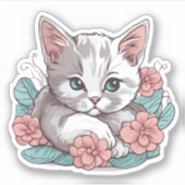 Witte Kat Liggend In Roze Bloemen Waterdicht Sticker (Voorkant)
