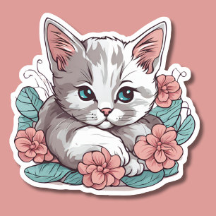 Witte Kat Liggend In Roze Bloemen Waterdicht Sticker