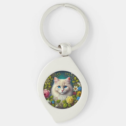 Witte Kat Met Blauwe Ogen Sleutelhanger (Voorkant)