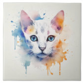 Witte kat met blauwe ogen - Waterverf Tegeltje (Voorkant)