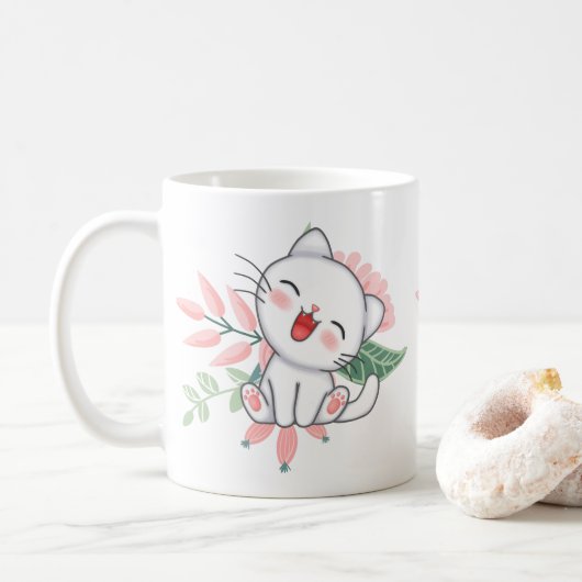 witte kat met bloem koffiemok (Met donut)