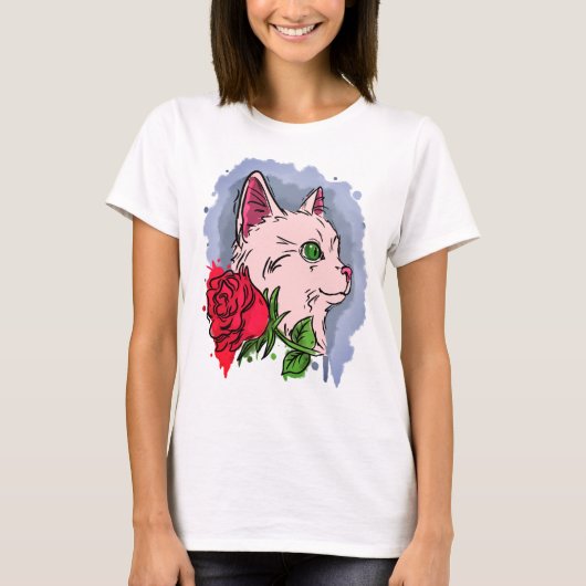 Witte kat met bloem t-shirt (Voorkant)