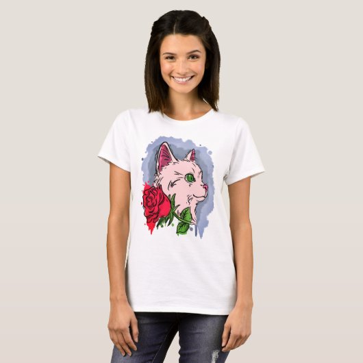 Witte kat met bloem t-shirt (Voorkant volledig)