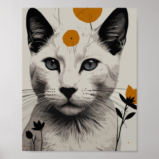 Witte kat met bloemenelementen poster (Voorkant)