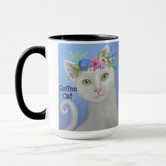 Witte kat met bloemenkrans 2 mok (Links)