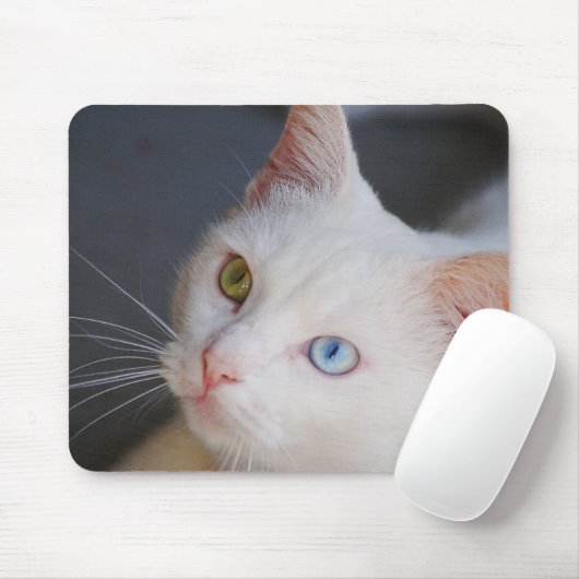 Witte kat met één groen oog en één blauw oog muismat (Met muis)